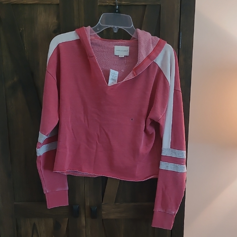 American Eagle Pink Crop Hoodie with White Accents